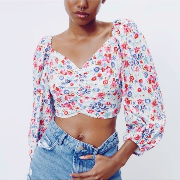 Sz M Zara Linen Blend Floral Tie Back Puff Sleeve Cropped Blouse GUC - Picture 4 of 5